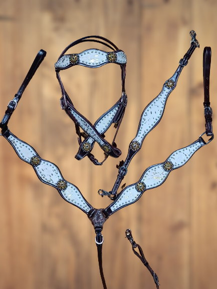 Mooooo Gold Splash Hair on Hide with Yellow Bling 3pc Horse Tack bridle Set