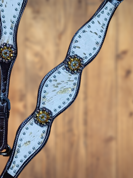 Mooooo Gold Splash Hair on Hide with Yellow Bling 3pc Horse Tack bridle Set