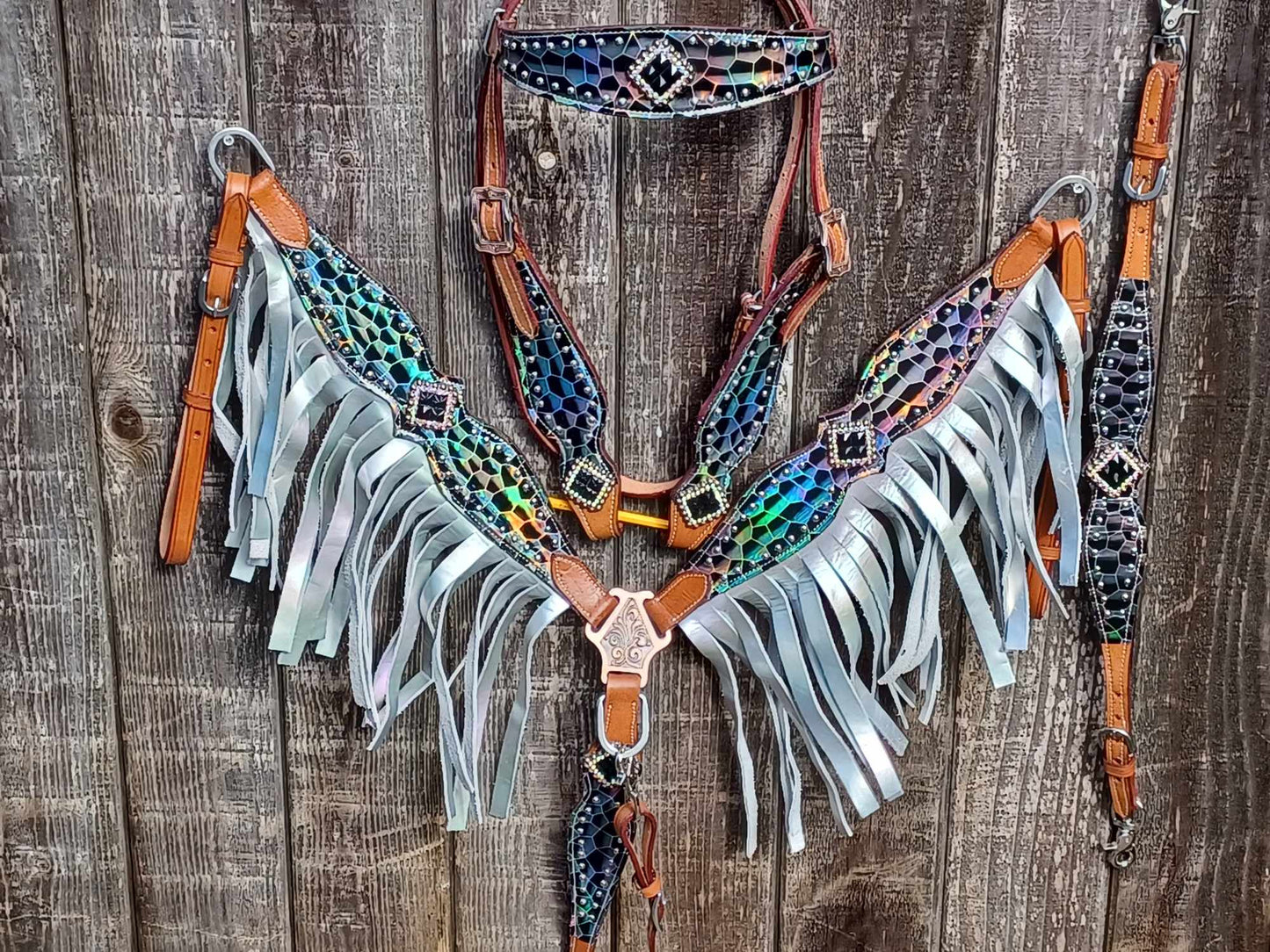 Octavia Black AB Bling Headstall Breast Collar Set Fringe Wither Strap