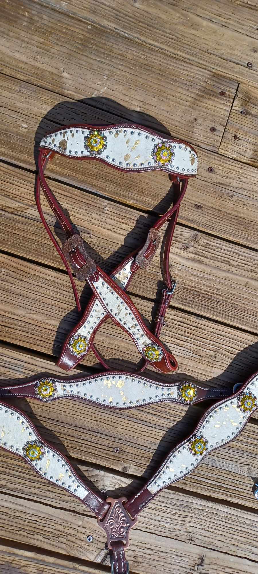 Mooooo Gold Splash Hair on Hide with Yellow Bling 3pc Horse Tack bridle Set