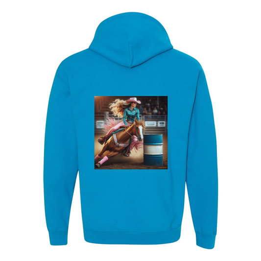 Turn N Burn Barrel Racer Design on Back Front Pocket Hoodies