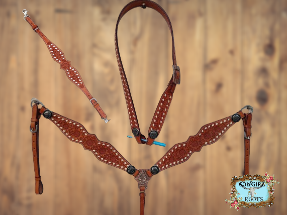Sunflower Tooled Buck-Stitch Horse Tack bridle Set with Wither Strap