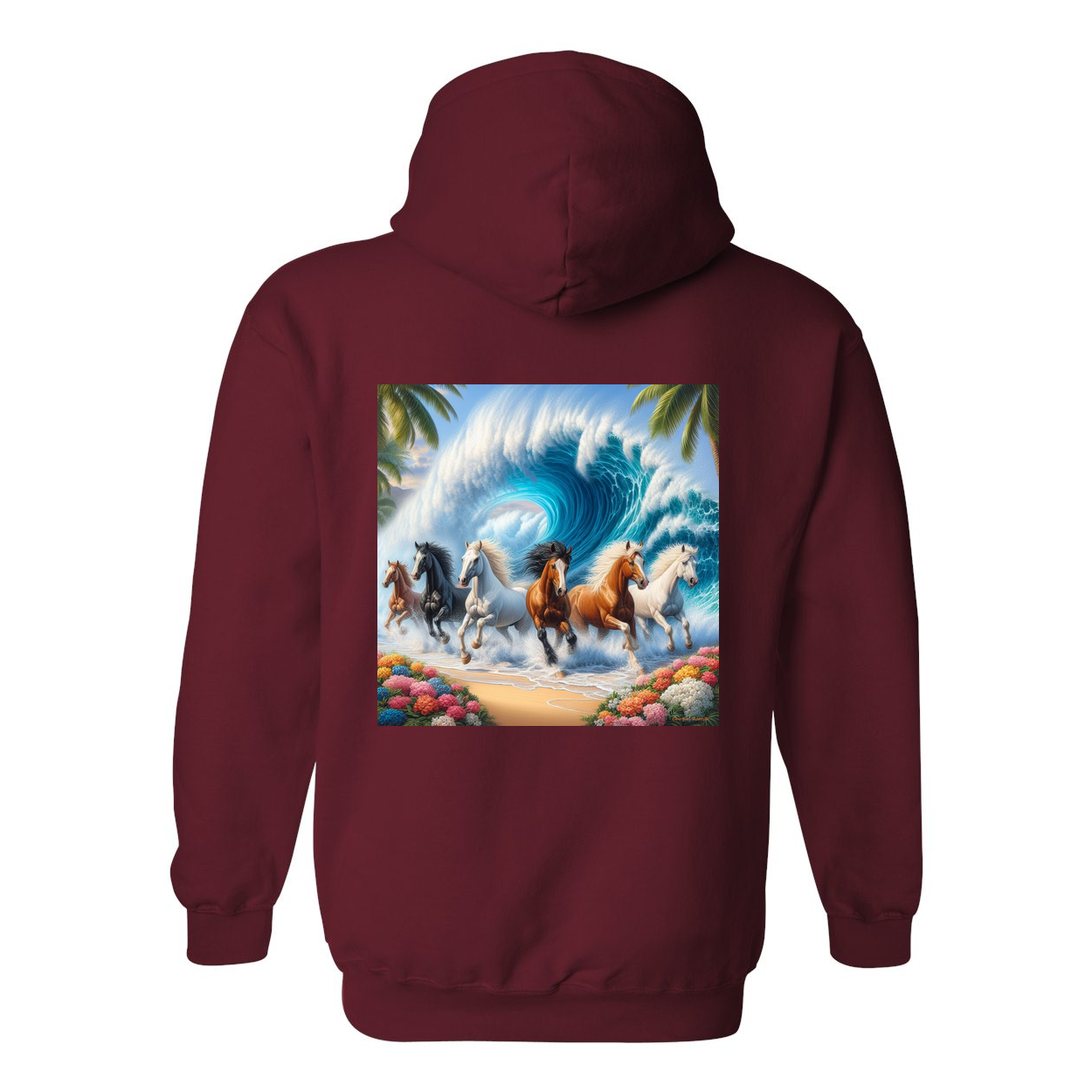 Wave of Horses Design on Back Front Pocket Hoodies