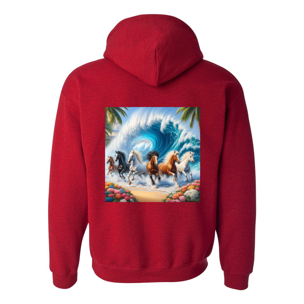 Wave of Horses Design on Back Front Pocket Hoodies