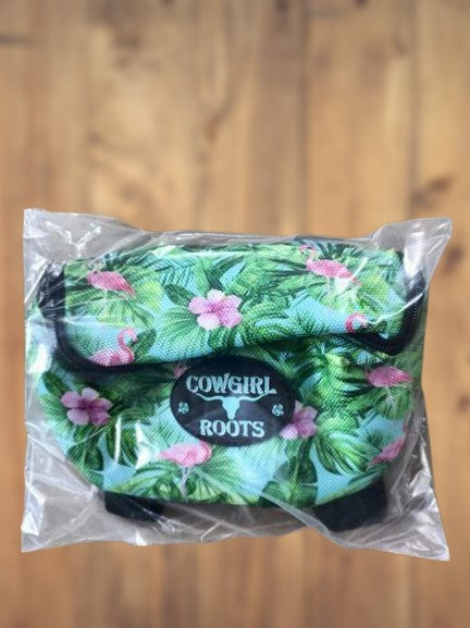Fancy Hibiscus Flower Flamingo in Blue Saddle Clutch Saddle Bag