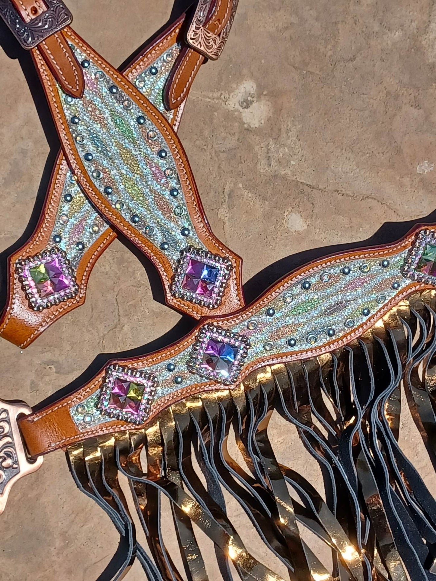 Cassidy, Diamond Sting Ray Horse Headstall and Breast Collar Set Fringe