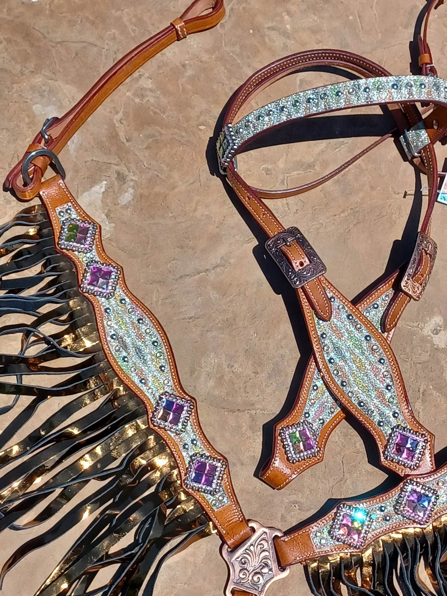 Cassidy, Diamond Sting Ray Horse Headstall and Breast Collar Set Fringe