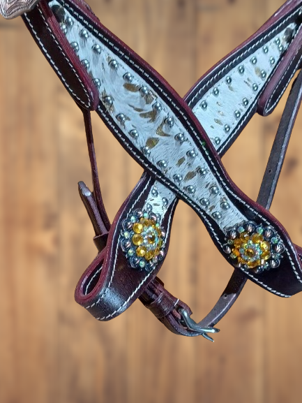 Mooooo Gold Splash Hair on Hide with Yellow Bling 3pc Horse Tack bridle Set