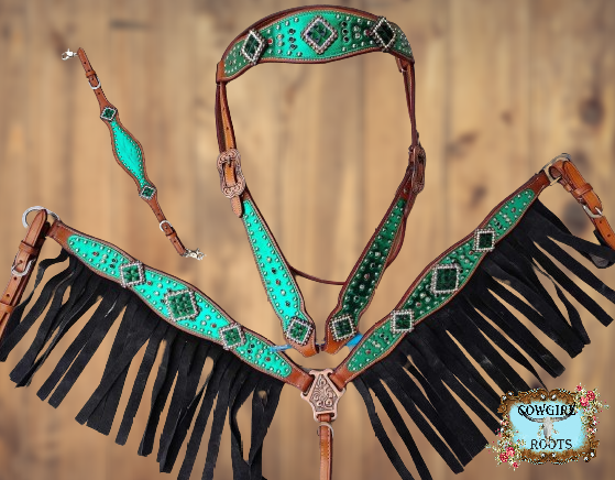 Green Metallic Overlay with Black Suede Fringe Horse Tack Bridle Set with Wither Strap