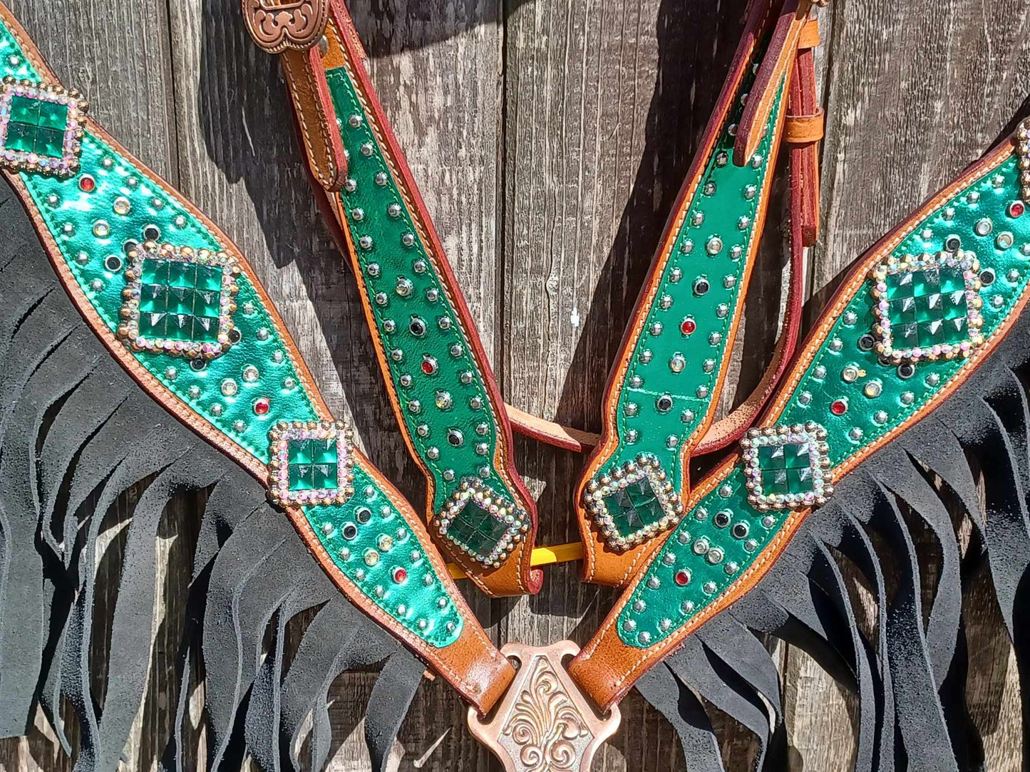 Green Metallic Overlay with Black Suede Fringe Horse Tack Bridle Set with Wither Strap