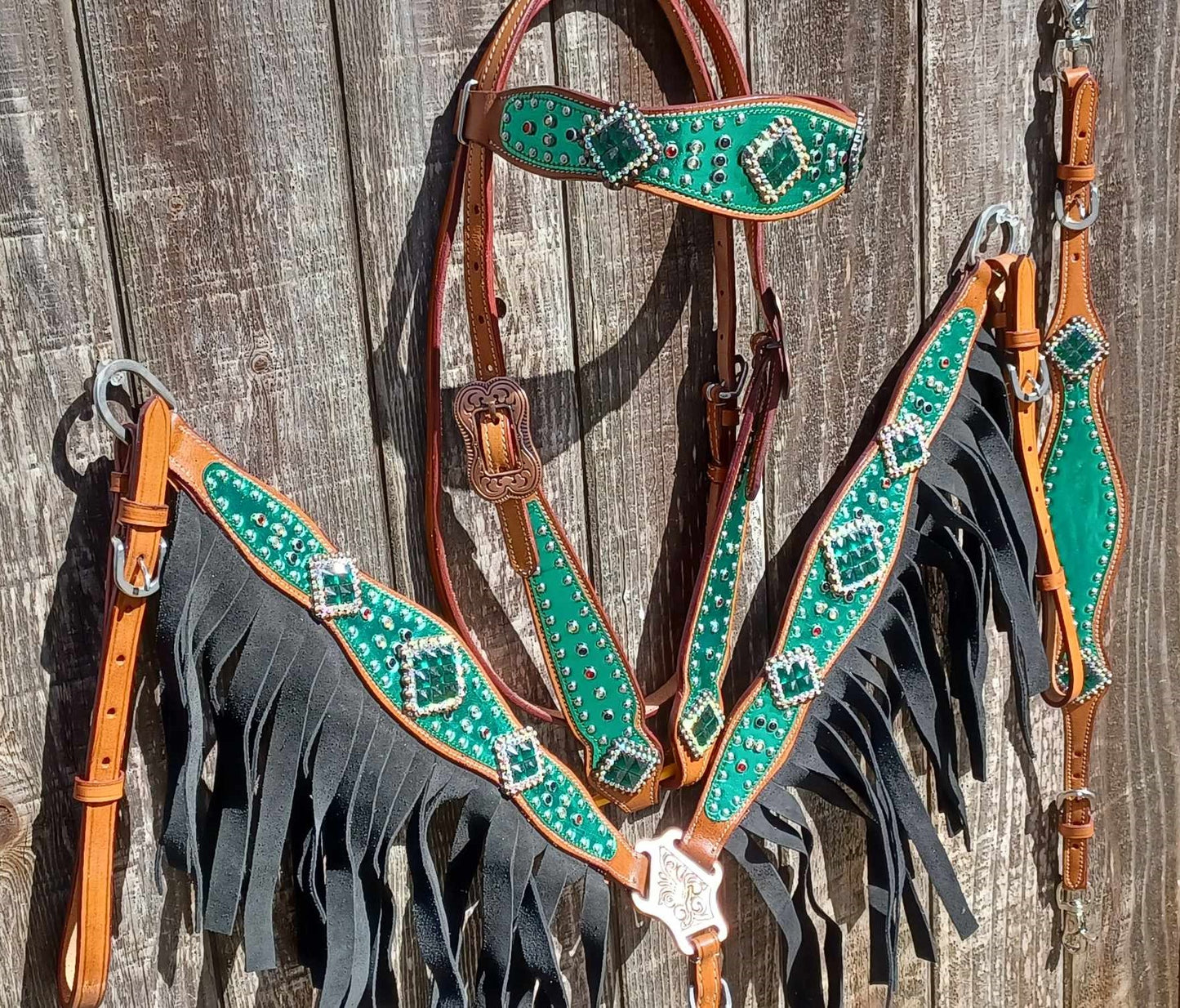 Green Metallic Overlay with Black Suede Fringe Horse Tack Bridle Set with Wither Strap