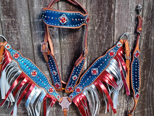 Patriotic Full Brow Metallic Fringe Flag Horse Tack Bridle Set with Wither Strap
