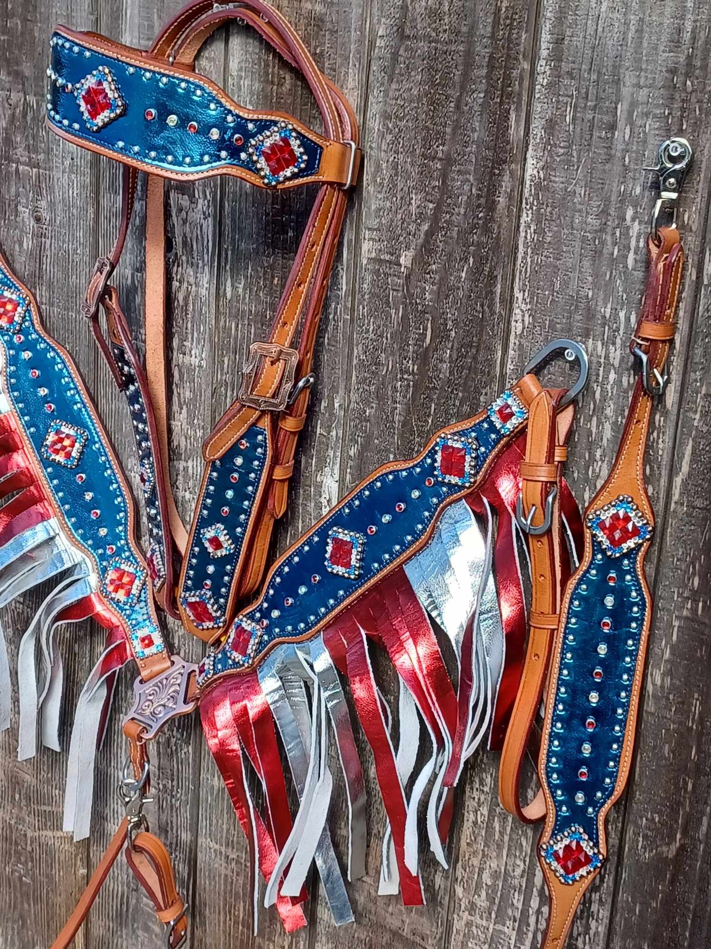 Patriotic Full Brow Metallic Fringe Flag Horse Tack Bridle Set with Wither Strap