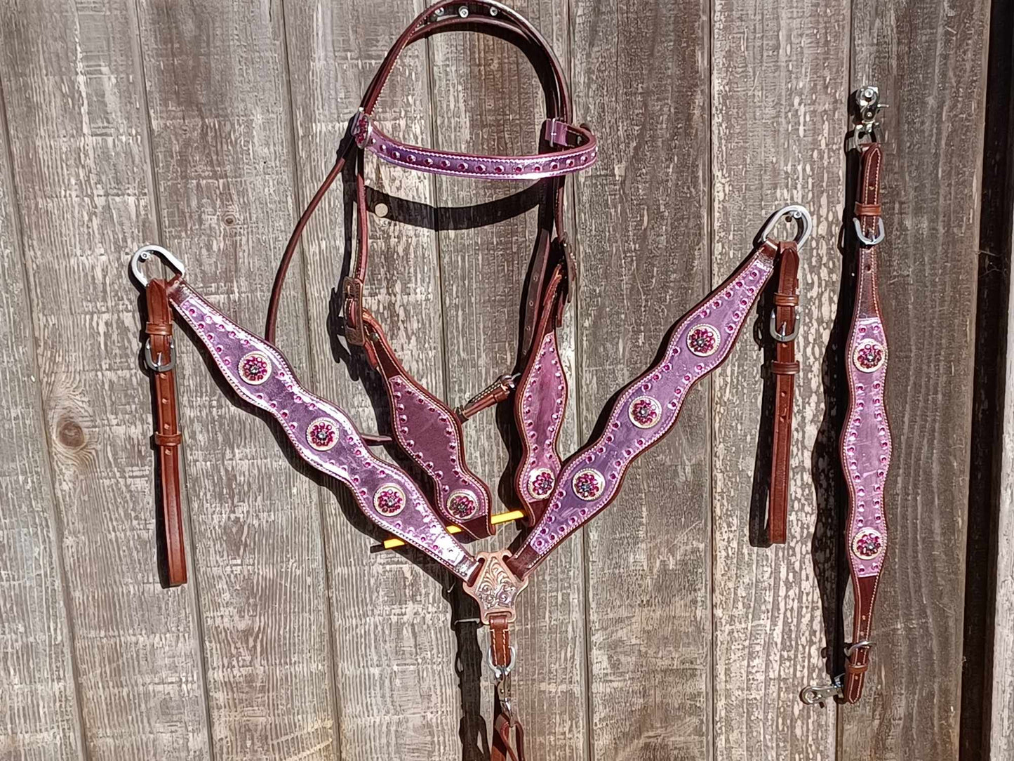 Metallic Pink Overlay and Choc. Leathers 3pc Horse Tack Bridle Set