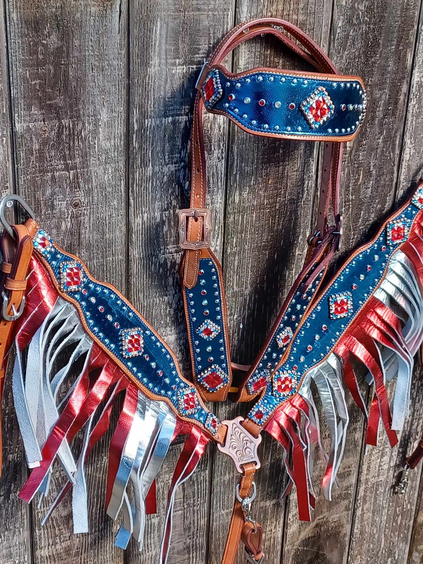 Patriotic Full Brow Metallic Fringe Flag Horse Tack Bridle Set with Wither Strap