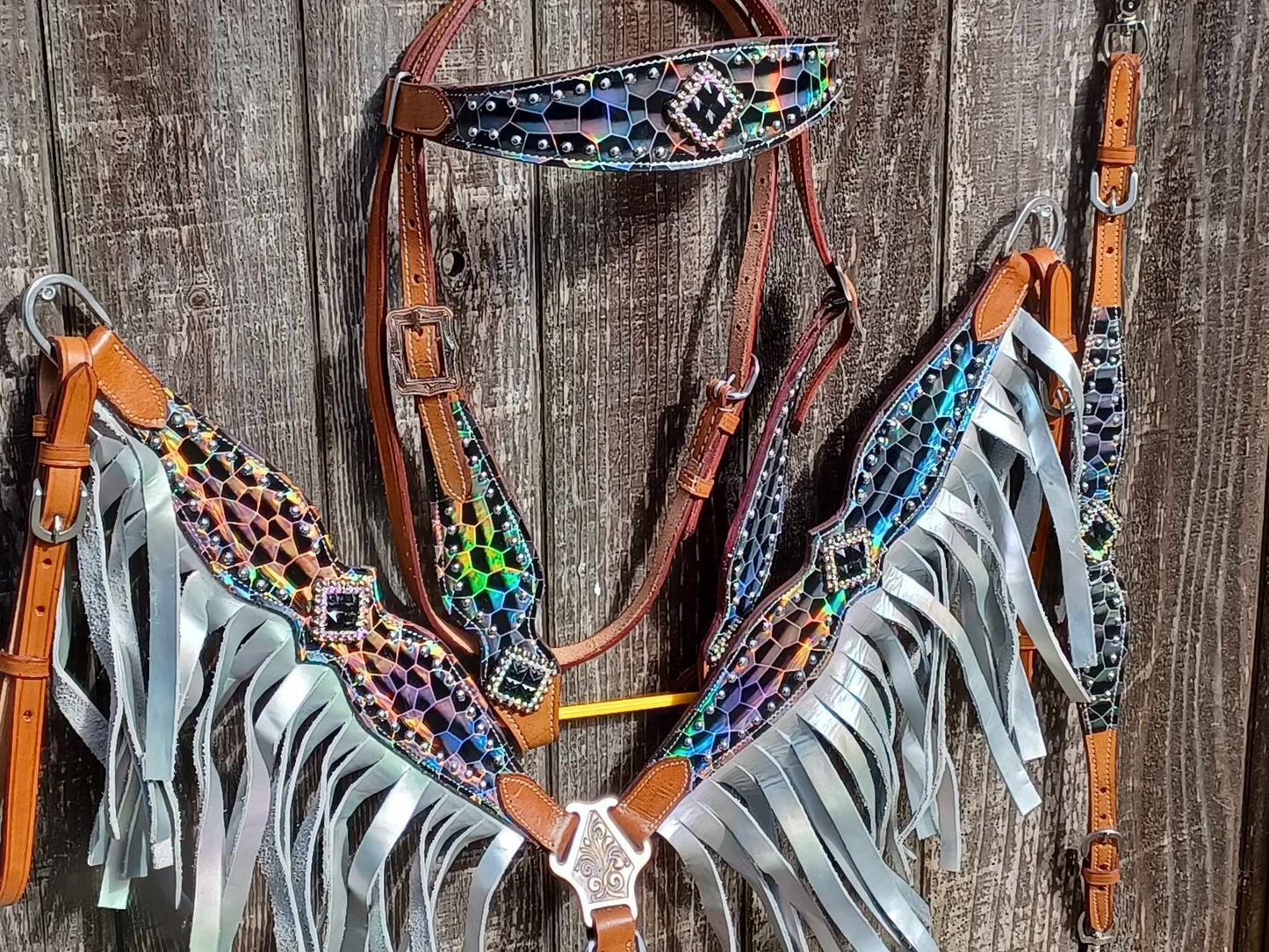 Octavia Black AB Bling Headstall  Breast Collar Set Fringe Wither Strap