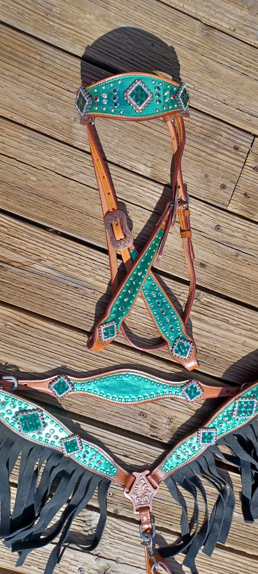 Green Metallic Overlay with Black Suede Fringe Horse Tack Bridle Set with Wither Strap