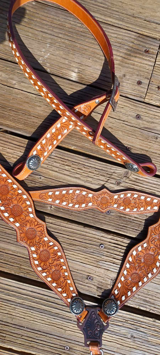 Sunflower Tooled Buck-Stitch Horse Tack bridle Set with Wither Strap