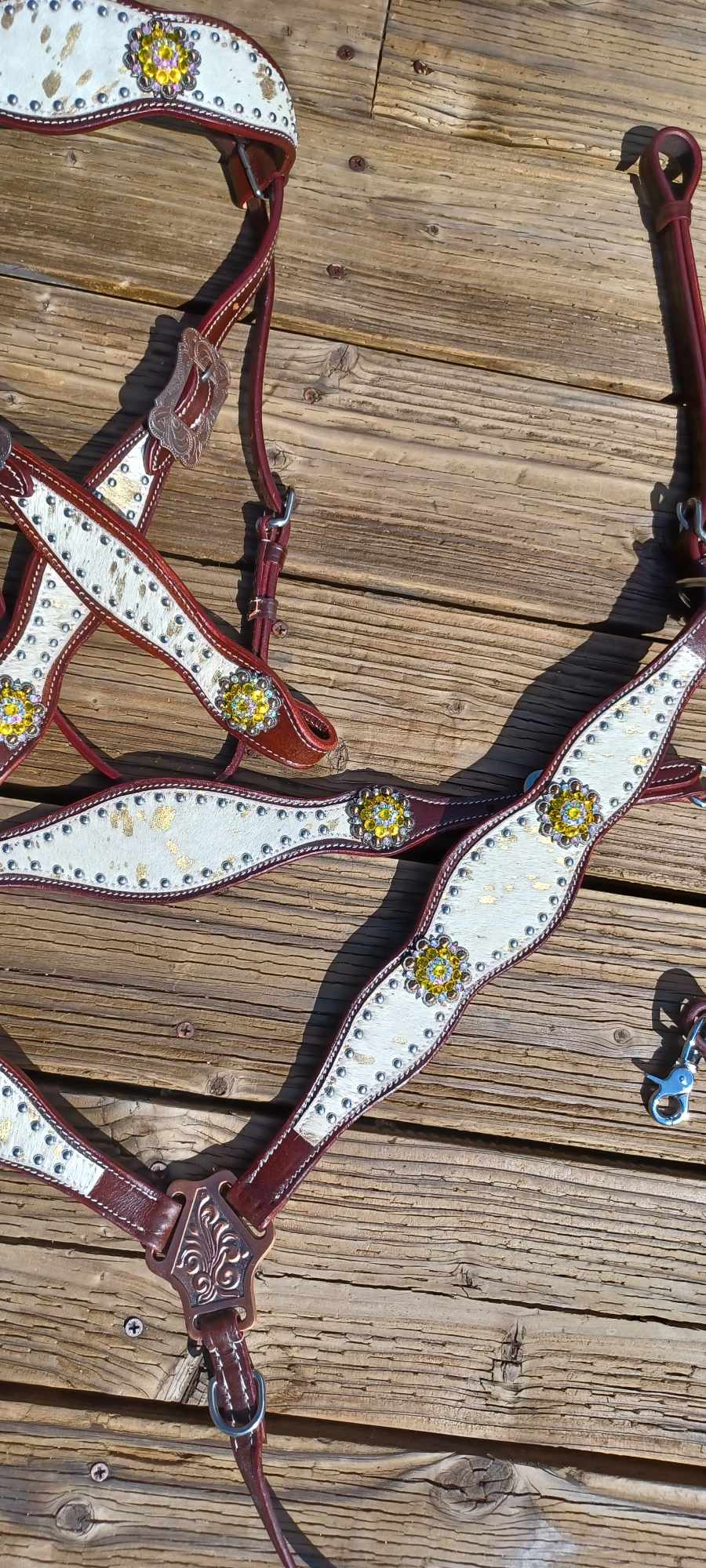 Mooooo Gold Splash Hair on Hide with Yellow Bling 3pc Horse Tack bridle Set