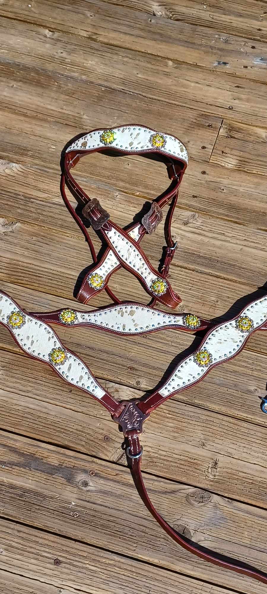 Mooooo Gold Splash Hair on Hide with Yellow Bling 3pc Horse Tack bridle Set