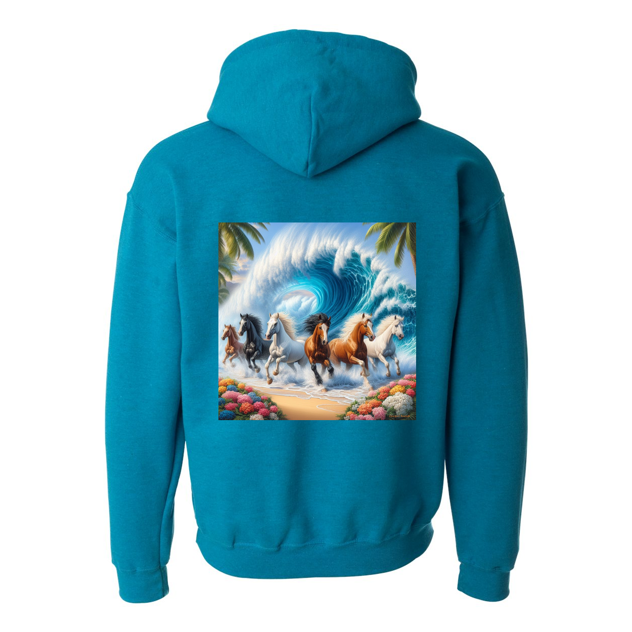 Wave of Horses Design on Back Front Pocket Hoodies