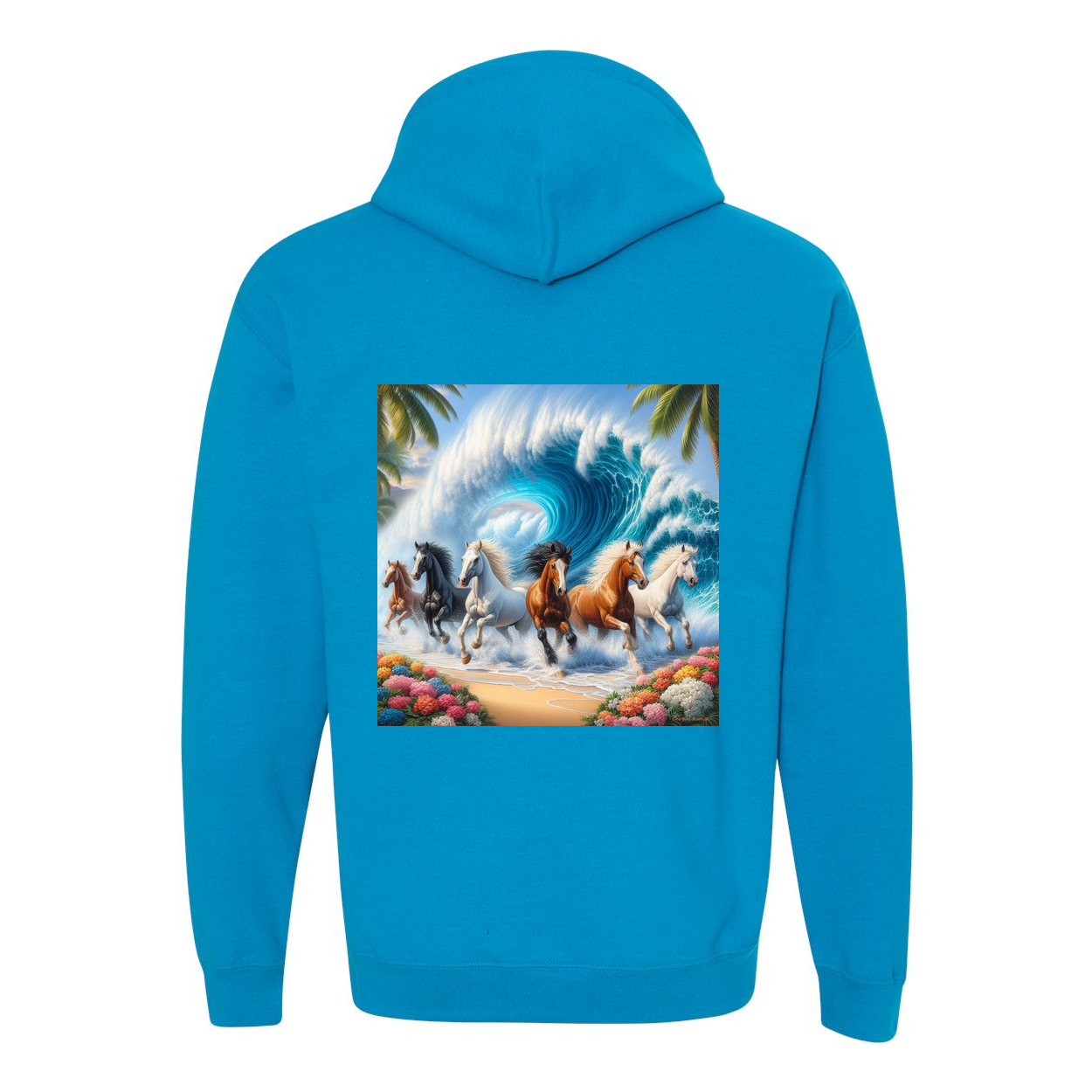 Wave of Horses Design on Back Front Pocket Hoodies