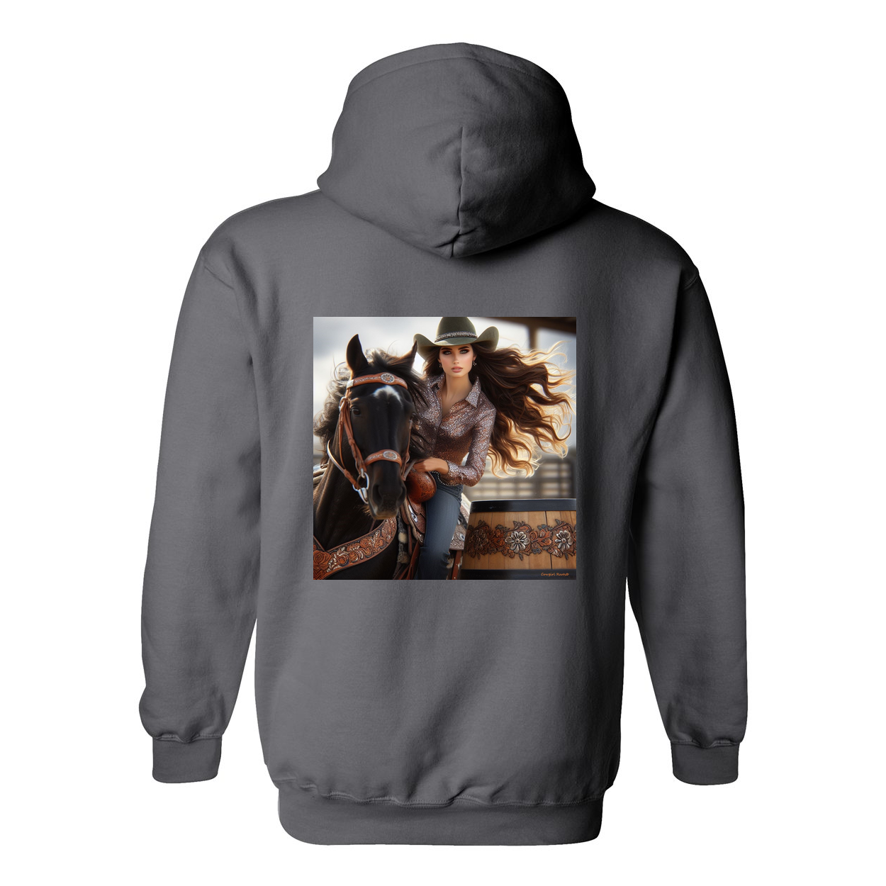 Rodeo Barrel Racer Design on Back Front Pocket Hoodies