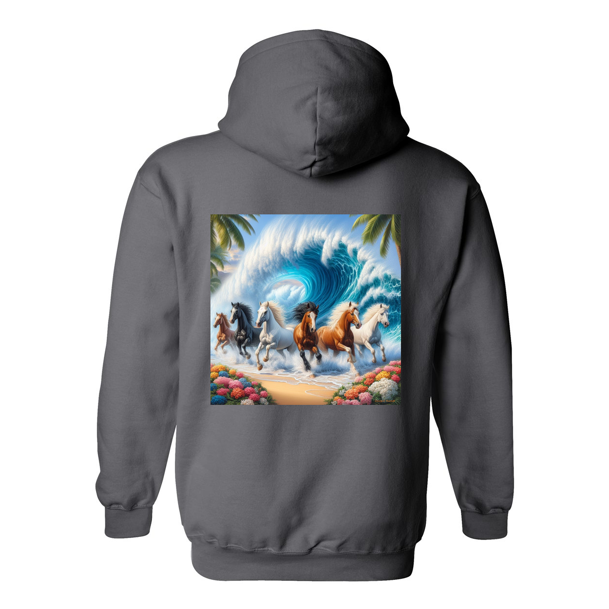 Wave of Horses Design on Back Front Pocket Hoodies