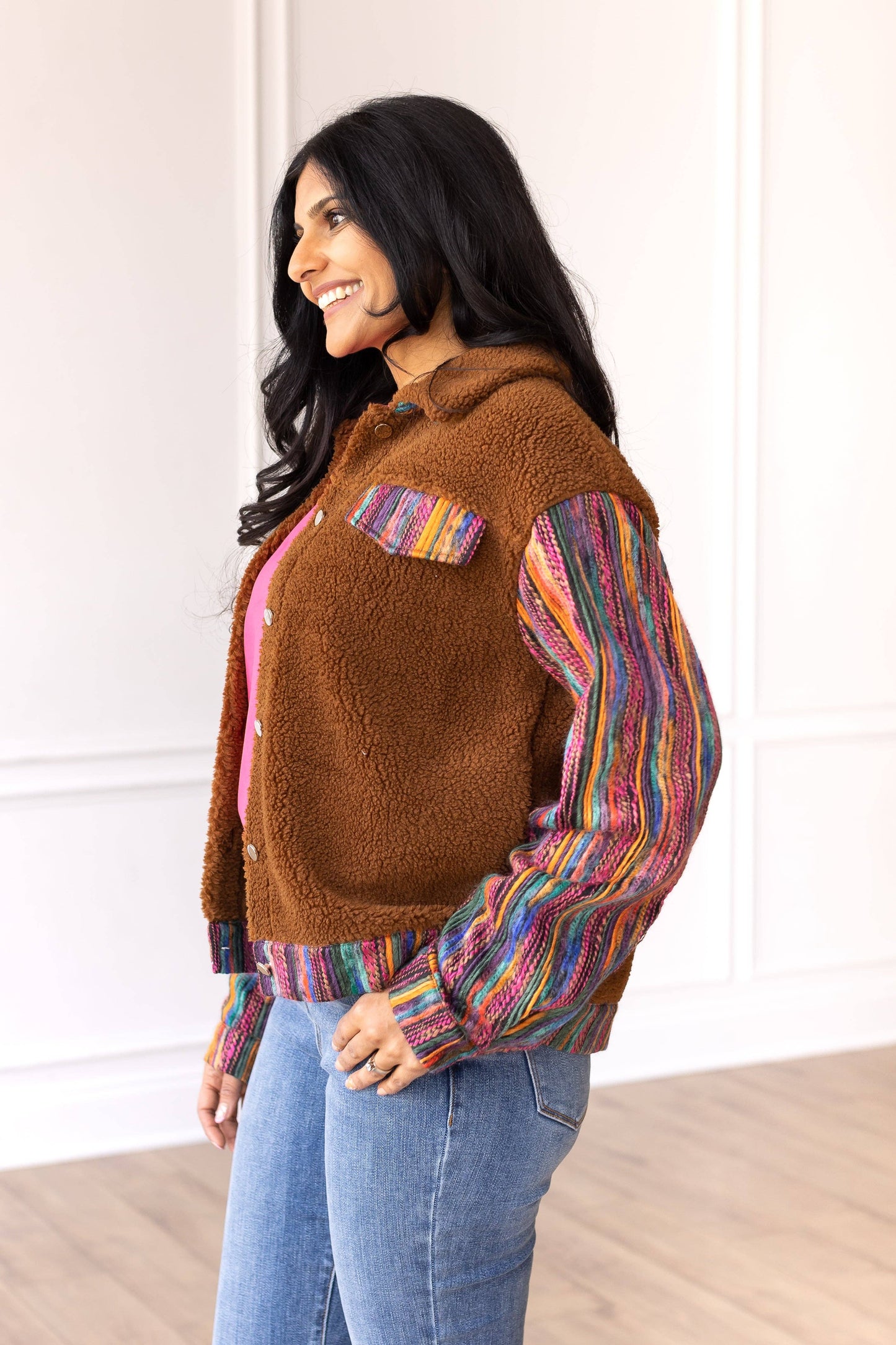 Brown Sherpa with Sassy Serape Multi-Colored Sleeves