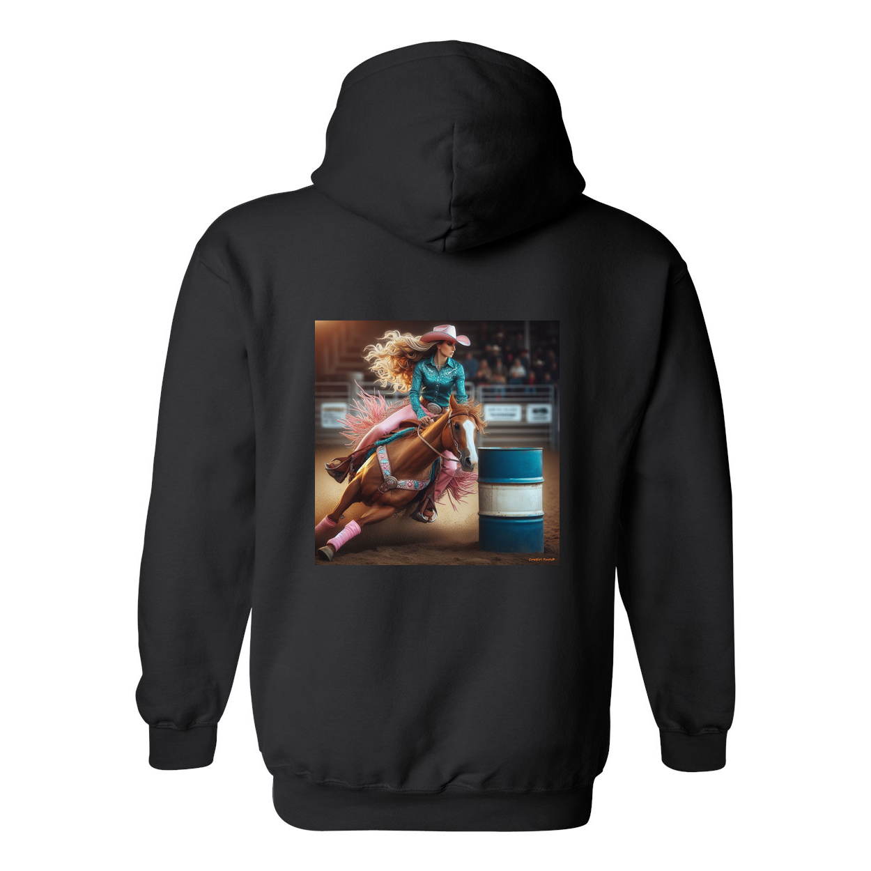 Turn N Burn Barrel Racer Design on Back Front Pocket Hoodies