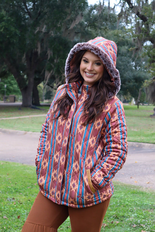 Carolina Fur Trimmed Quilted Jacket - Aztec Print