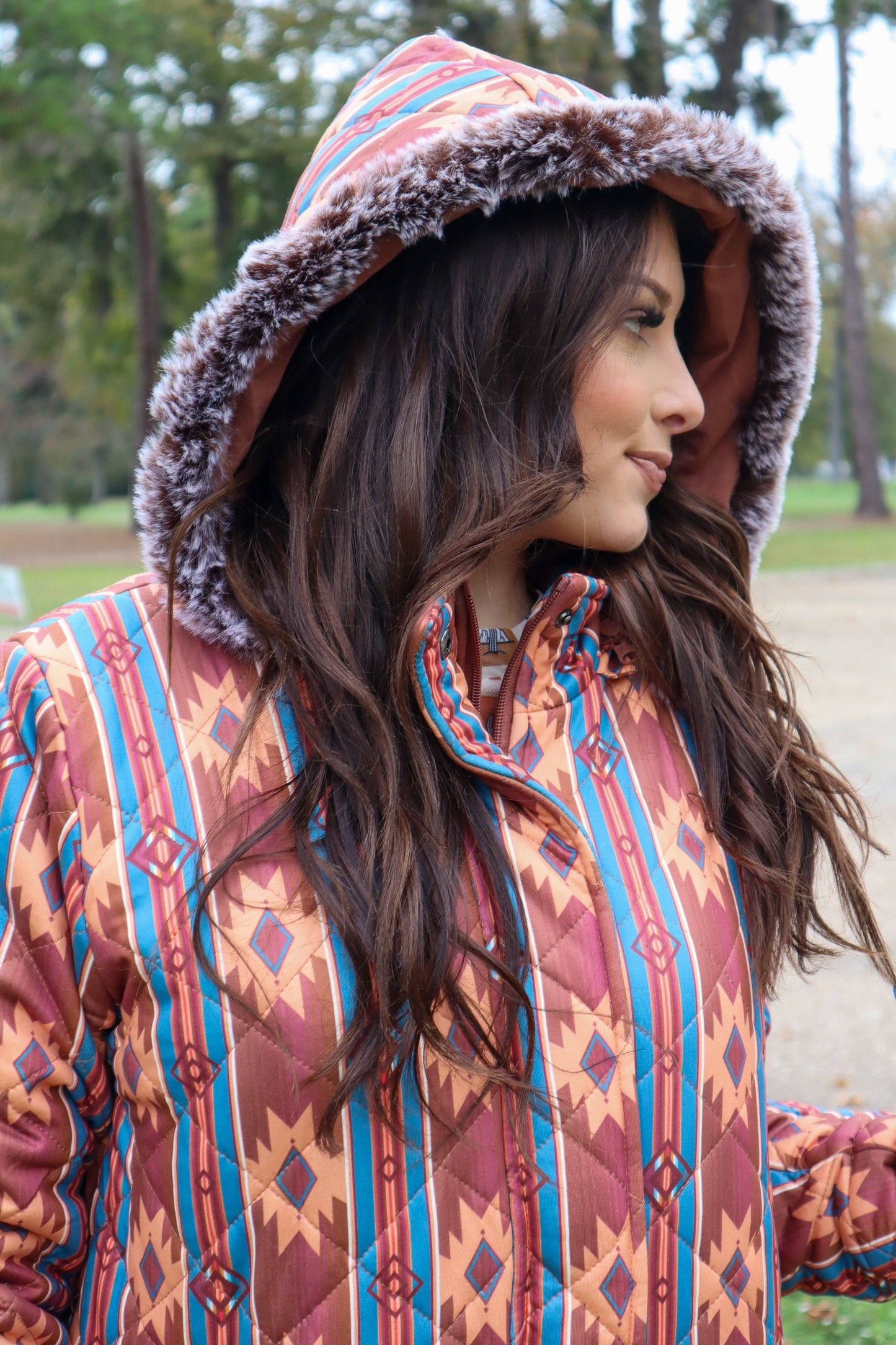 Carolina Fur Trimmed Quilted Jacket - Aztec Print