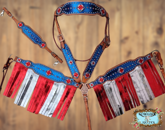 Patriotic Full Brow Metallic Fringe Flag Horse Tack Bridle Set with Wither Strap