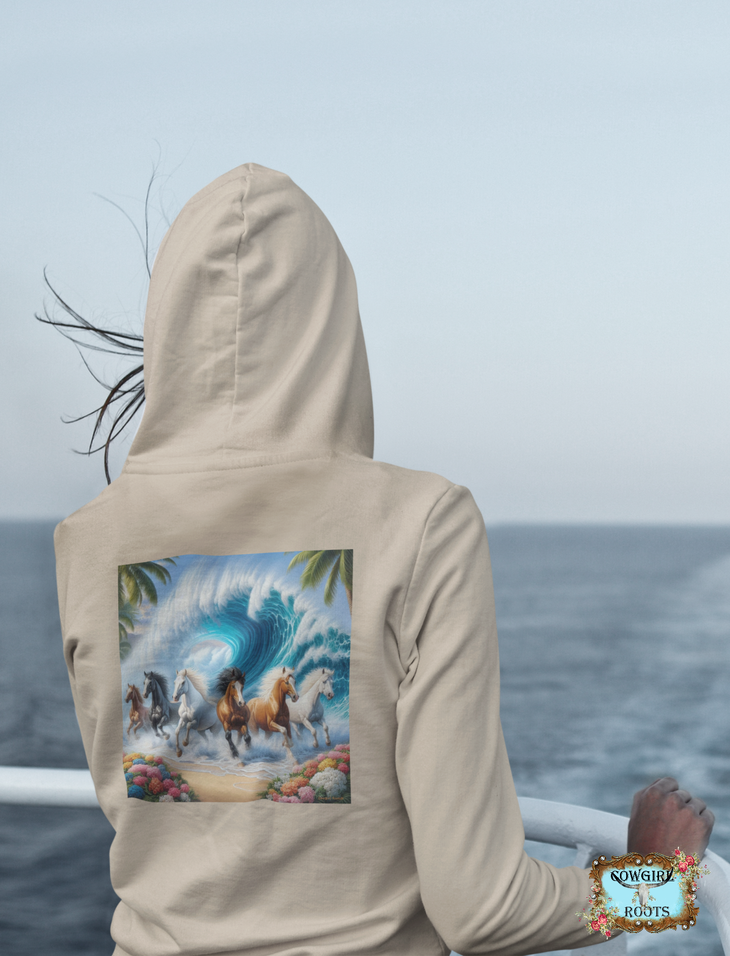 Wave of Horses Design on Back Front Pocket Hoodies