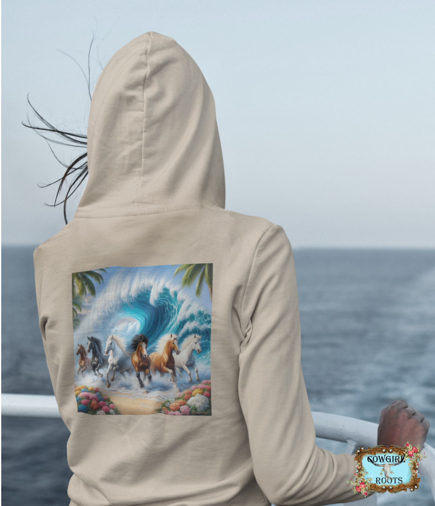 Wave of Horses Design on Back Front Pocket Hoodies