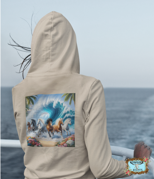 Wave of Horses Design on Back Front Pocket Hoodies