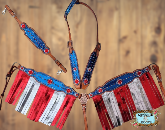 Patriotic Metallic One Ear Fringe Flag Horse Tack Bridle Set with Wither Strap