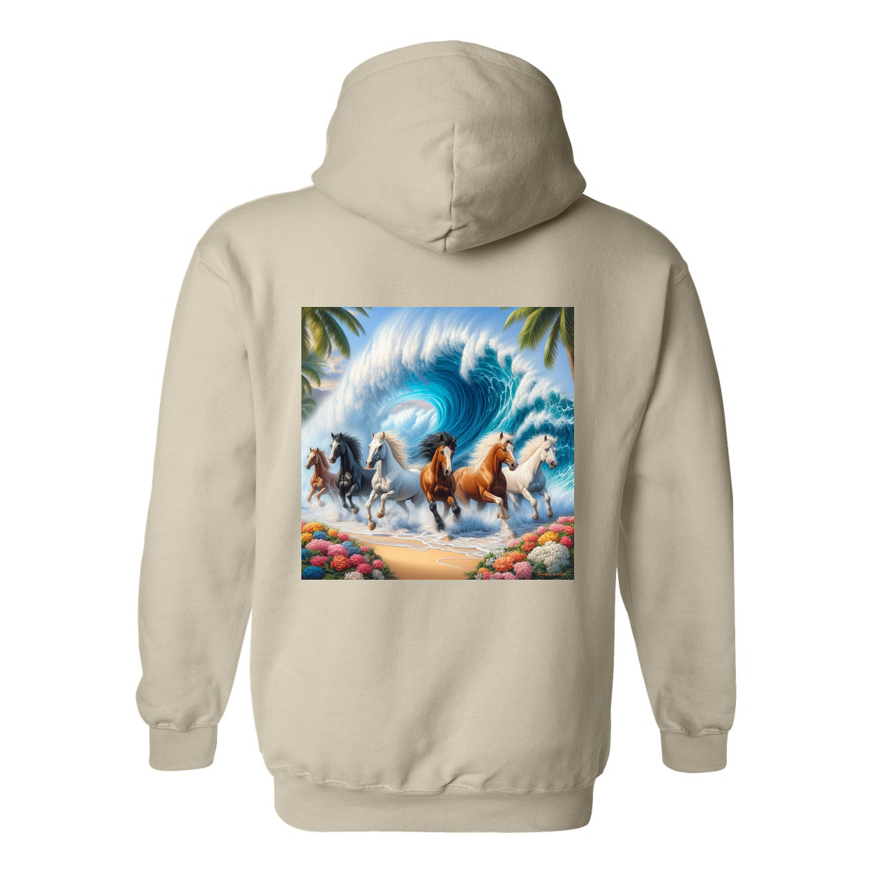 Wave of Horses Design on Back Front Pocket Hoodies
