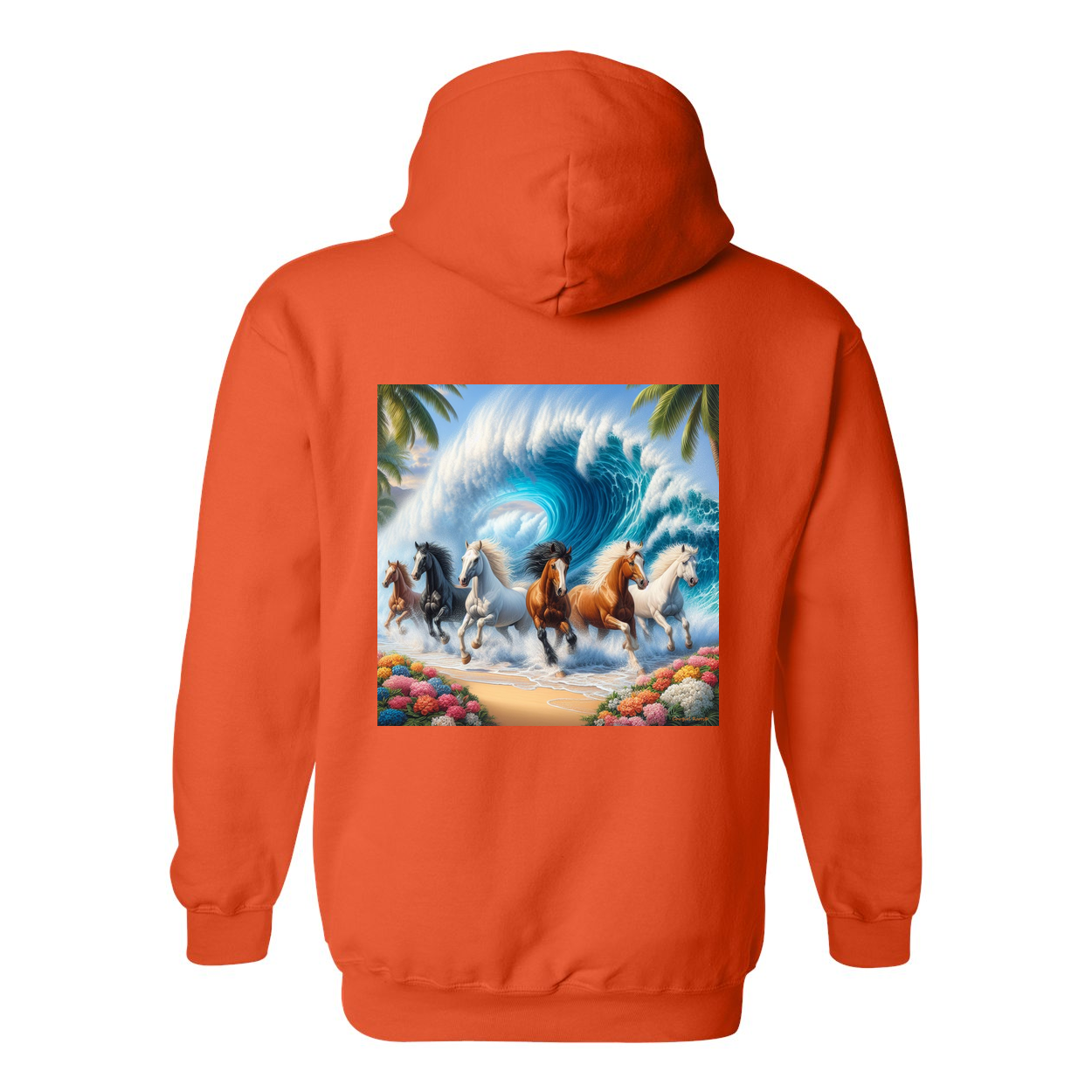 Wave of Horses Design on Back Front Pocket Hoodies