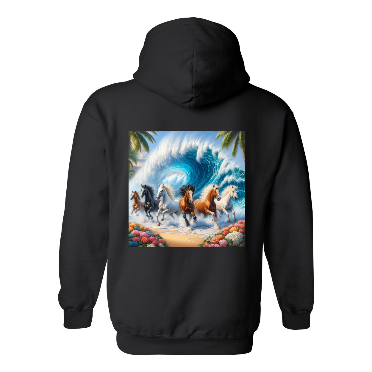 Wave of Horses Design on Back Front Pocket Hoodies