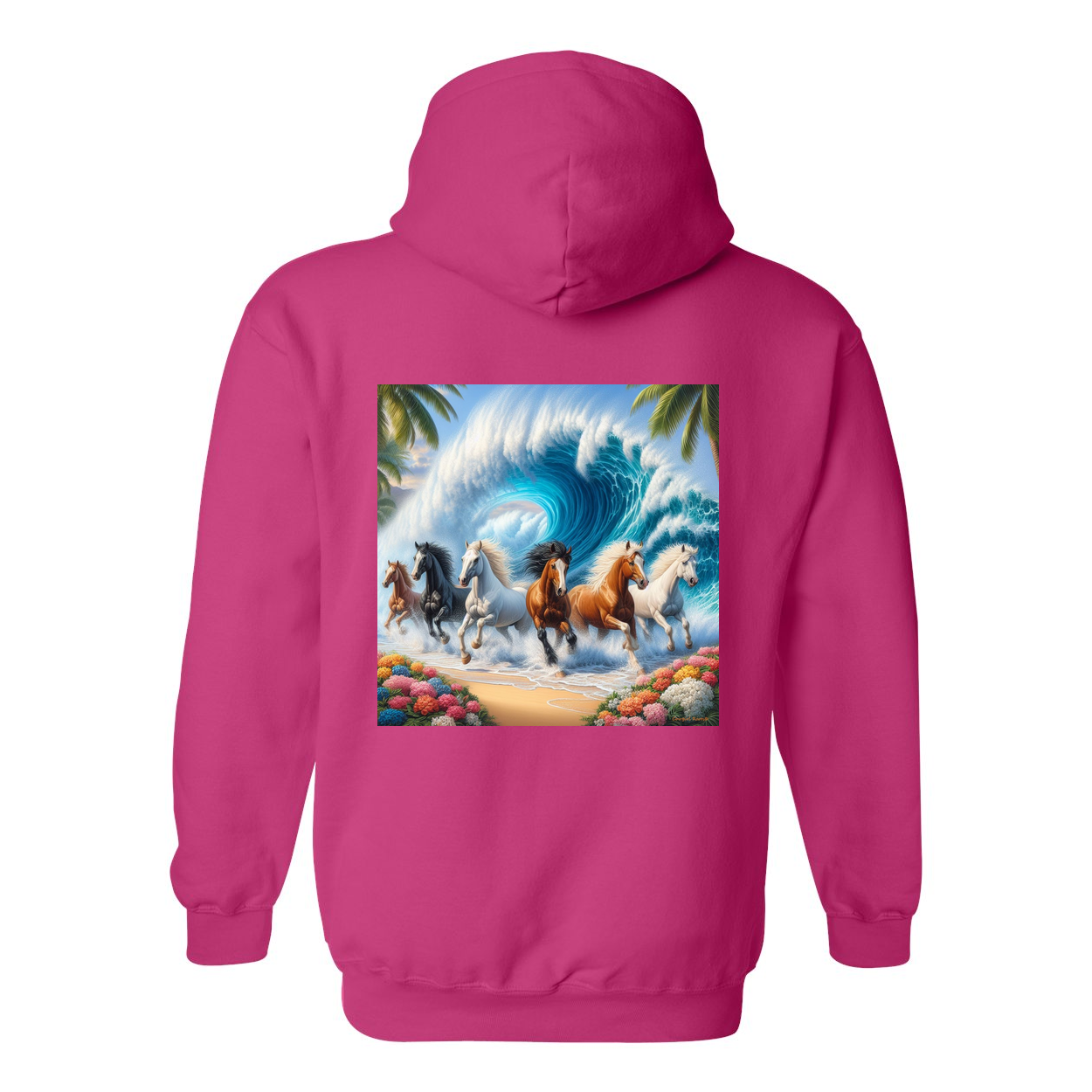 Wave of Horses Design on Back Front Pocket Hoodies