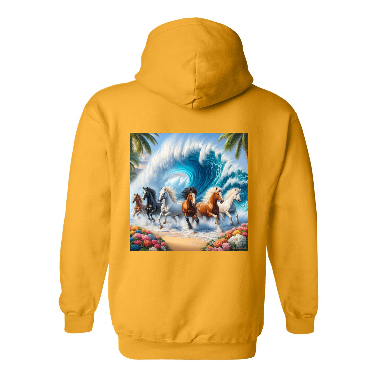 Wave of Horses Design on Back Front Pocket Hoodies