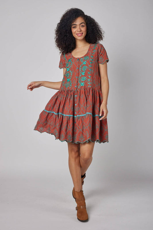 Simonetta Brown with Teal Hand Embroidered Dress