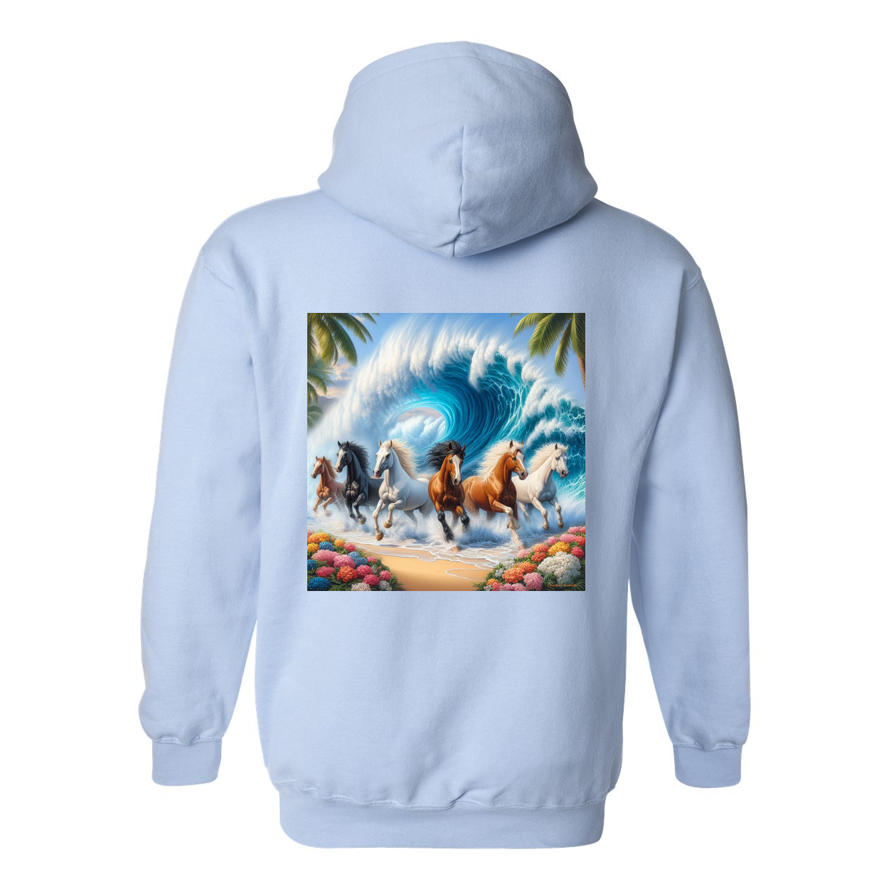 Wave of Horses Design on Back Front Pocket Hoodies