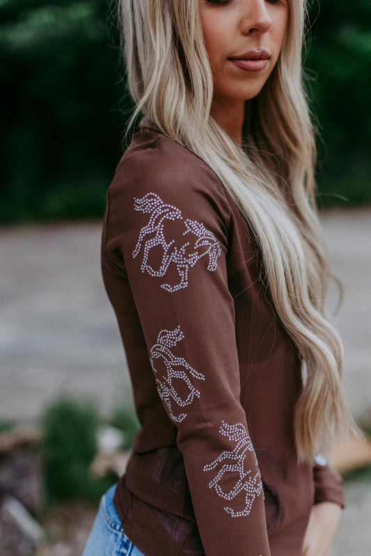 Dylan Brown Rhinestone Embellished Mesh LS Top