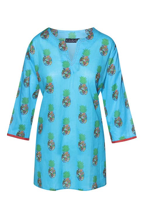 Turquoise Pineapple Cotton Tunic w/Salmon Trim
