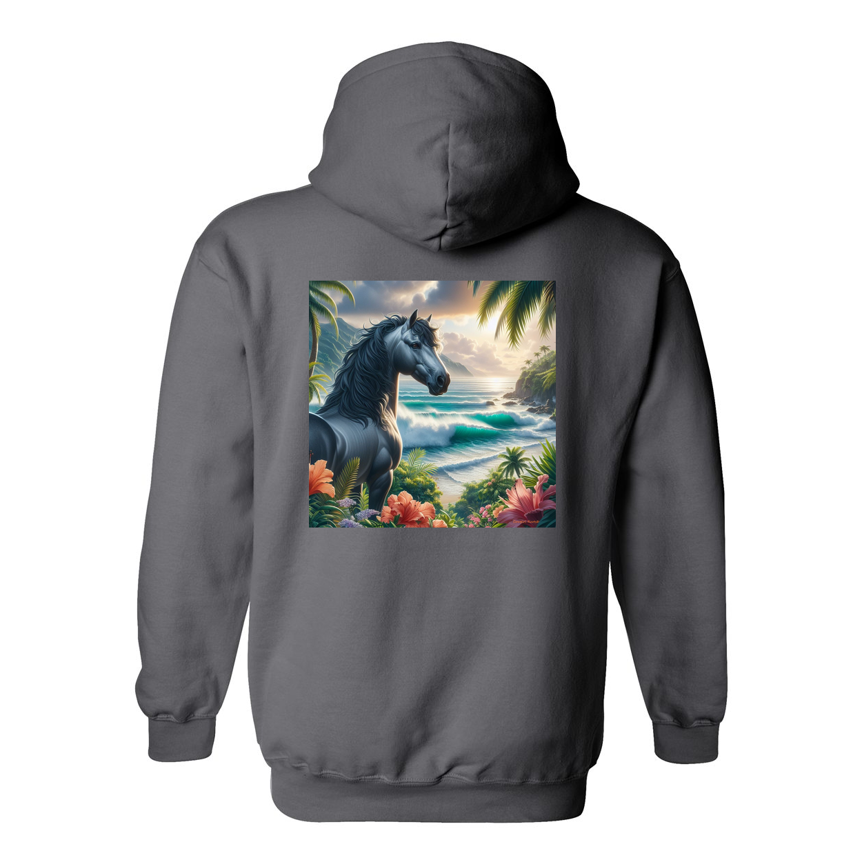 Tropical Grey Stallion Horse Design on Back Front Pocket Hoodies