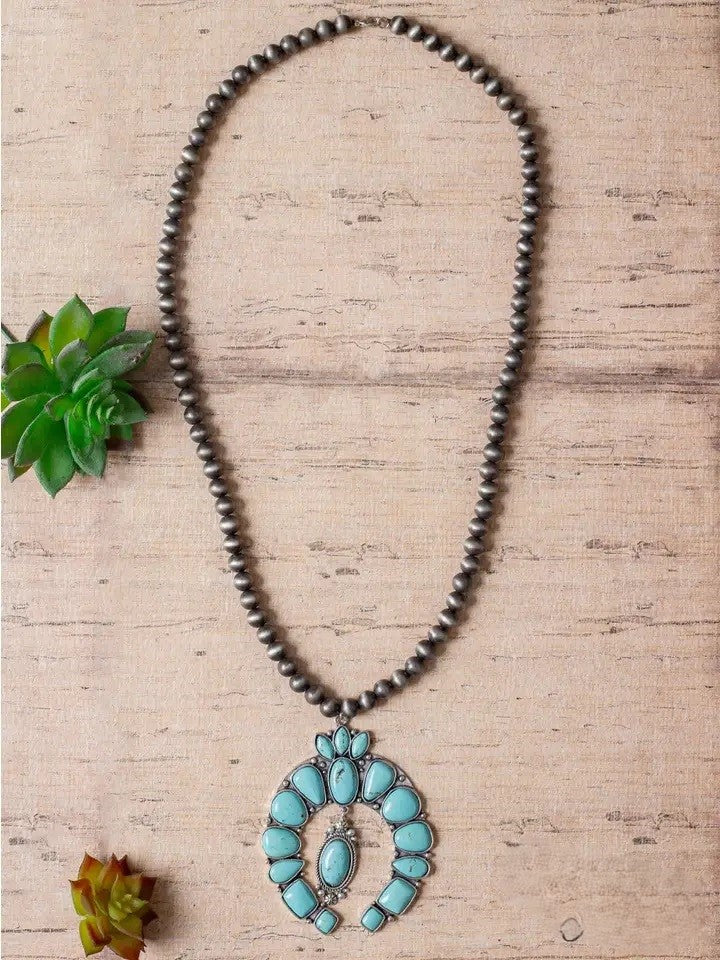 Talk of the Town Turquoise Squash Blossom Pendant Navajo Pearls Necklace