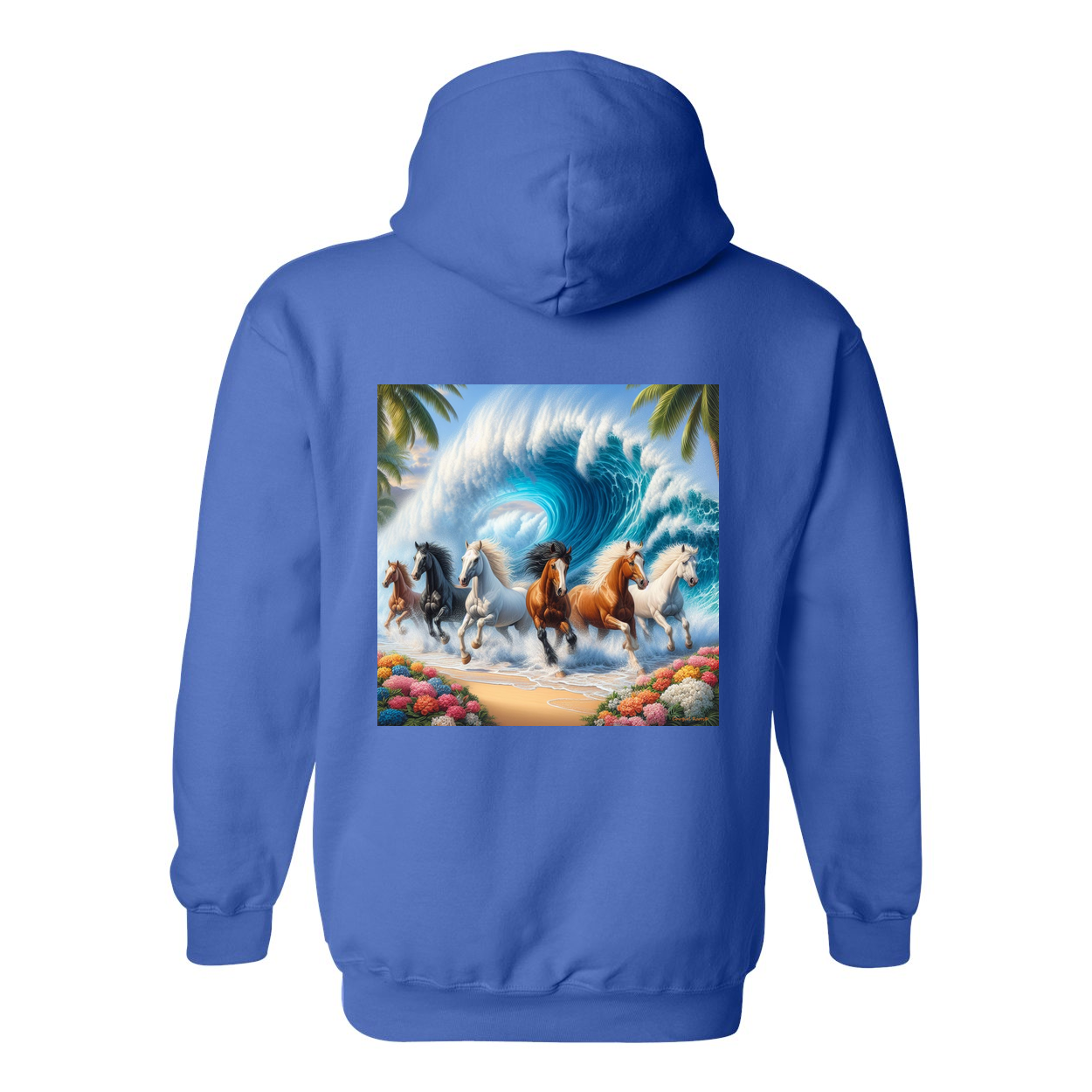 Wave of Horses Design on Back Front Pocket Hoodies