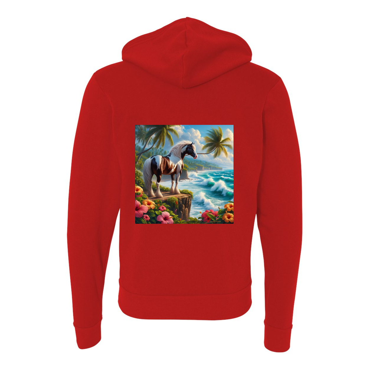 Tropical Red and White Paint Horse Zip-Up Front Pocket Hooded Sweatshirts